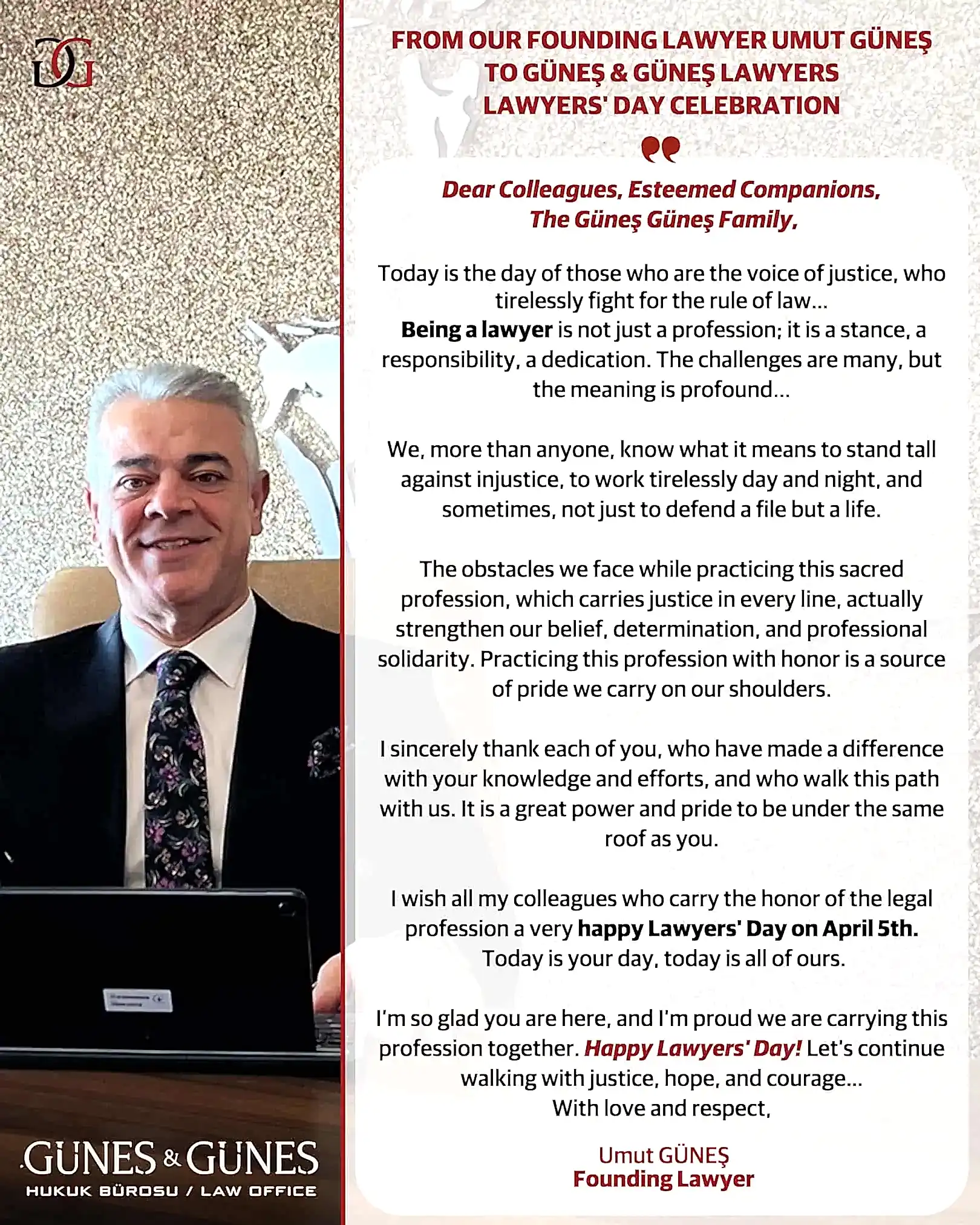 Founding Attorney Umut Güneş Celebrates Lawyers' Day 11 Lawyers day